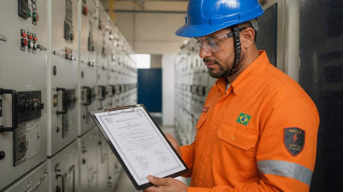 Engenheiro de segurança brasileiro com jaqueta laranja retardante ao fogo e capacete azul revisando certificado NR 10 assinado em prancheta dentro de sala de painéis elétricos industriais