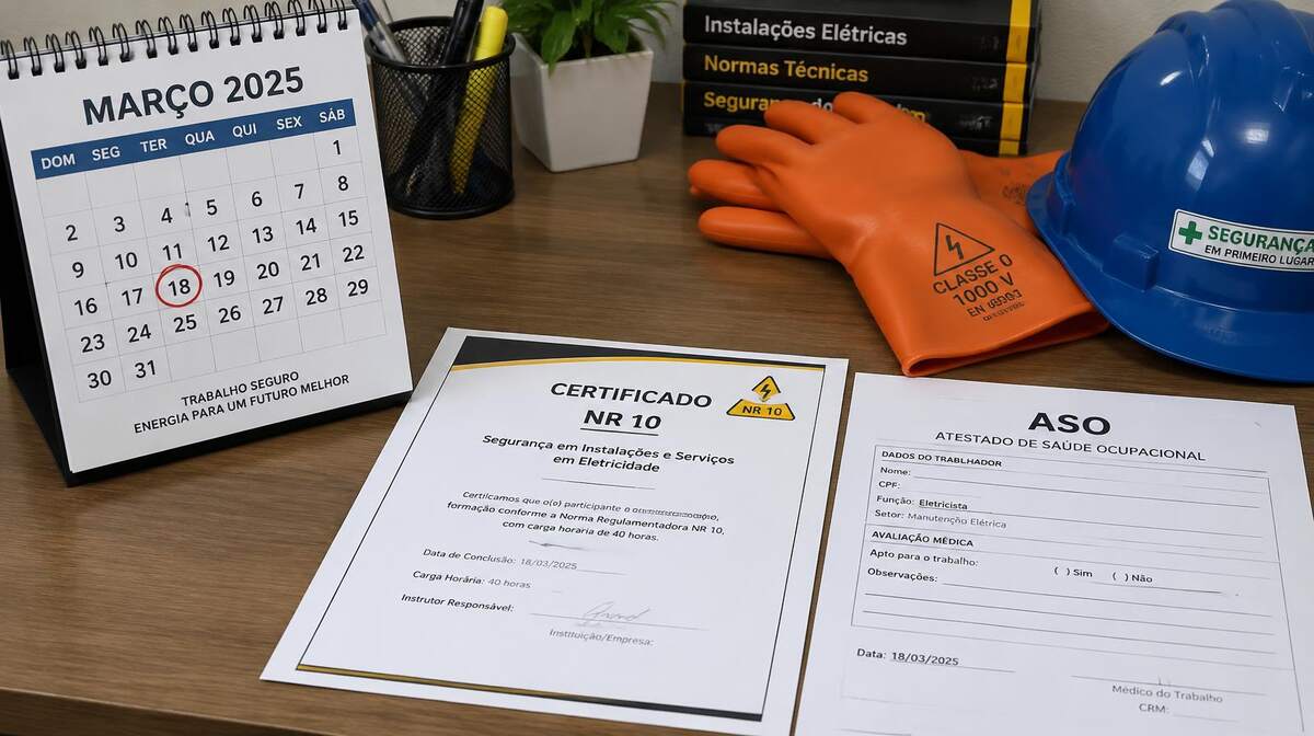 Calendário com data de reciclagem NR 10 circulada, certificado NR 10, ASO, luvas isolantes laranja e capacete azul sobre mesa de escritório