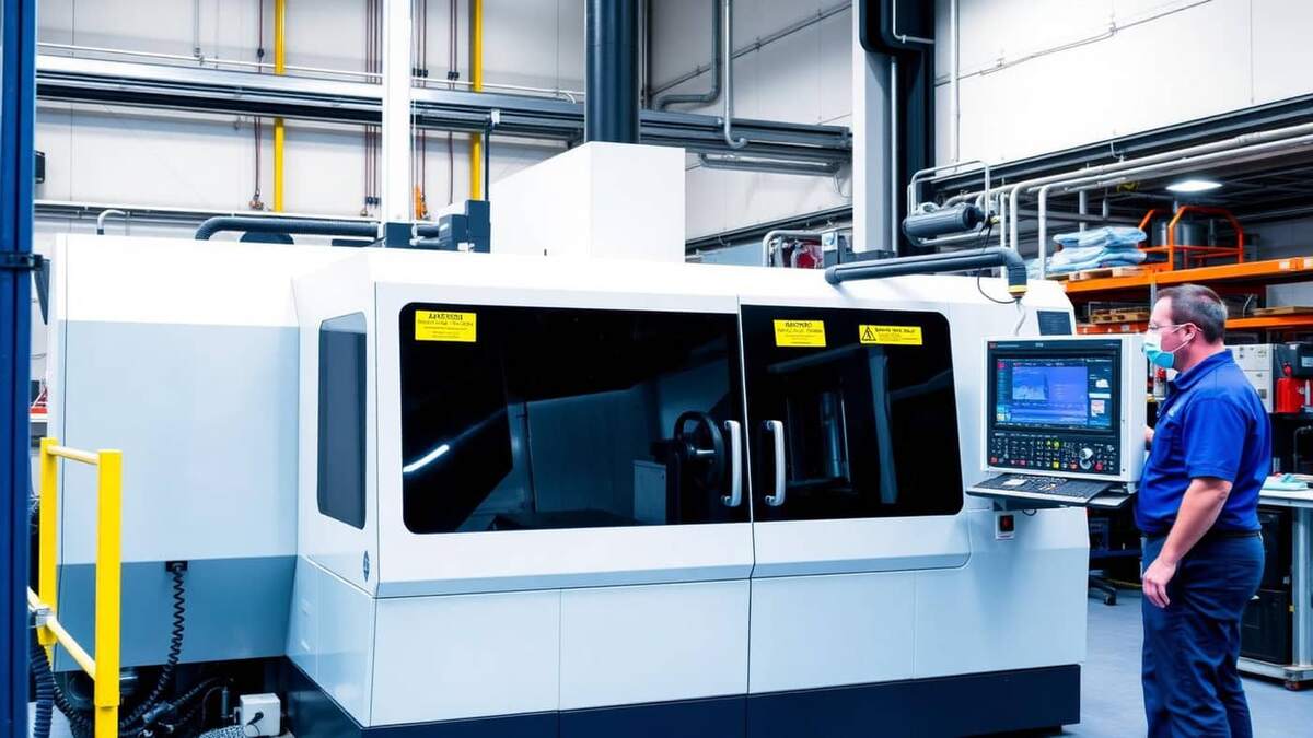 Máquina industrial com proteções de segurança em fábrica moderna, em conformidade com a NR 12