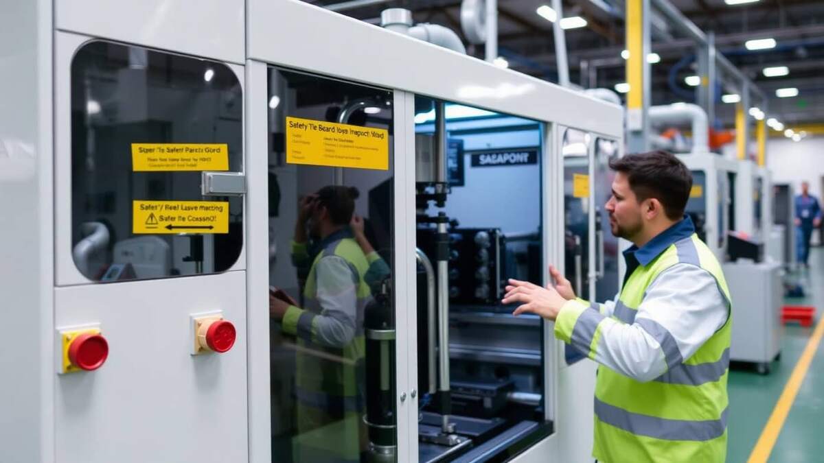 Técnico inspecionando proteções e botão de emergência em máquina industrial conforme NR 12