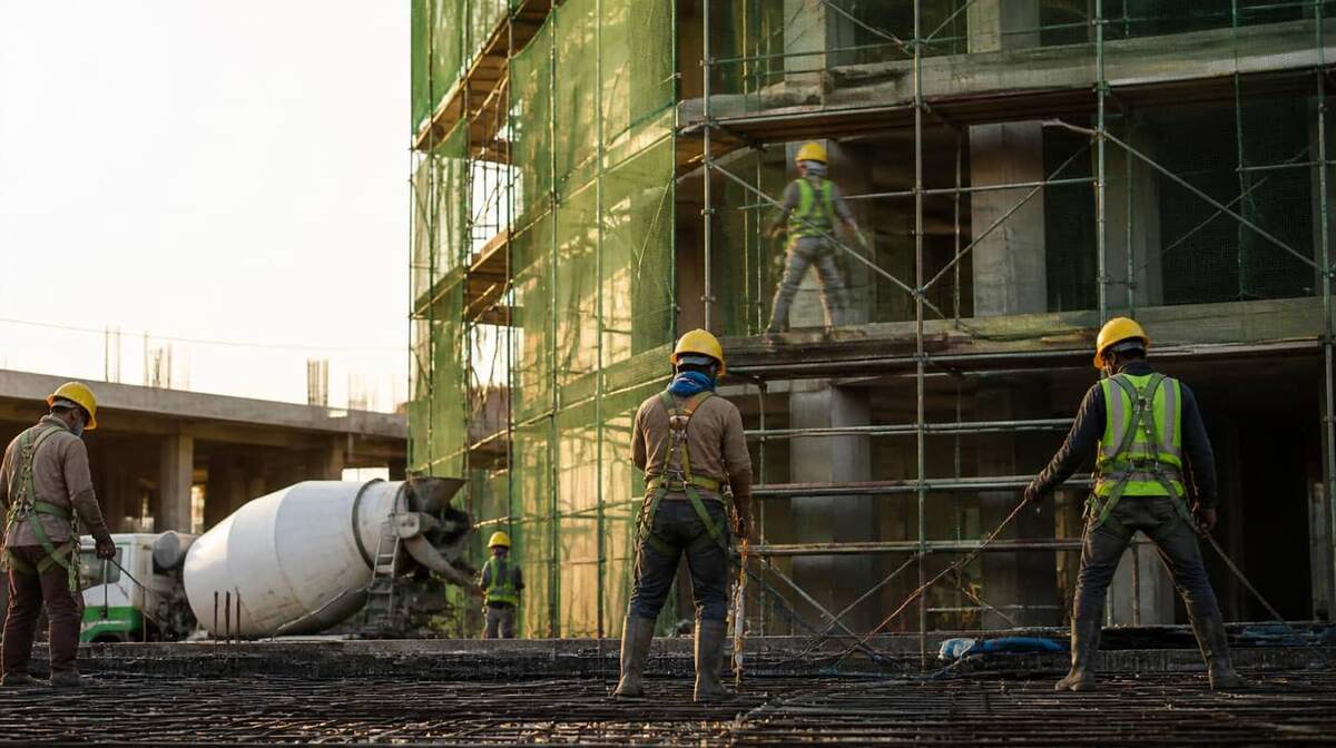 Trabalhadores em obra brasileira usando capacete amarelo, cinturão de segurança e colete refletivo, com andaime coberto por tela verde de proteção ao fundo