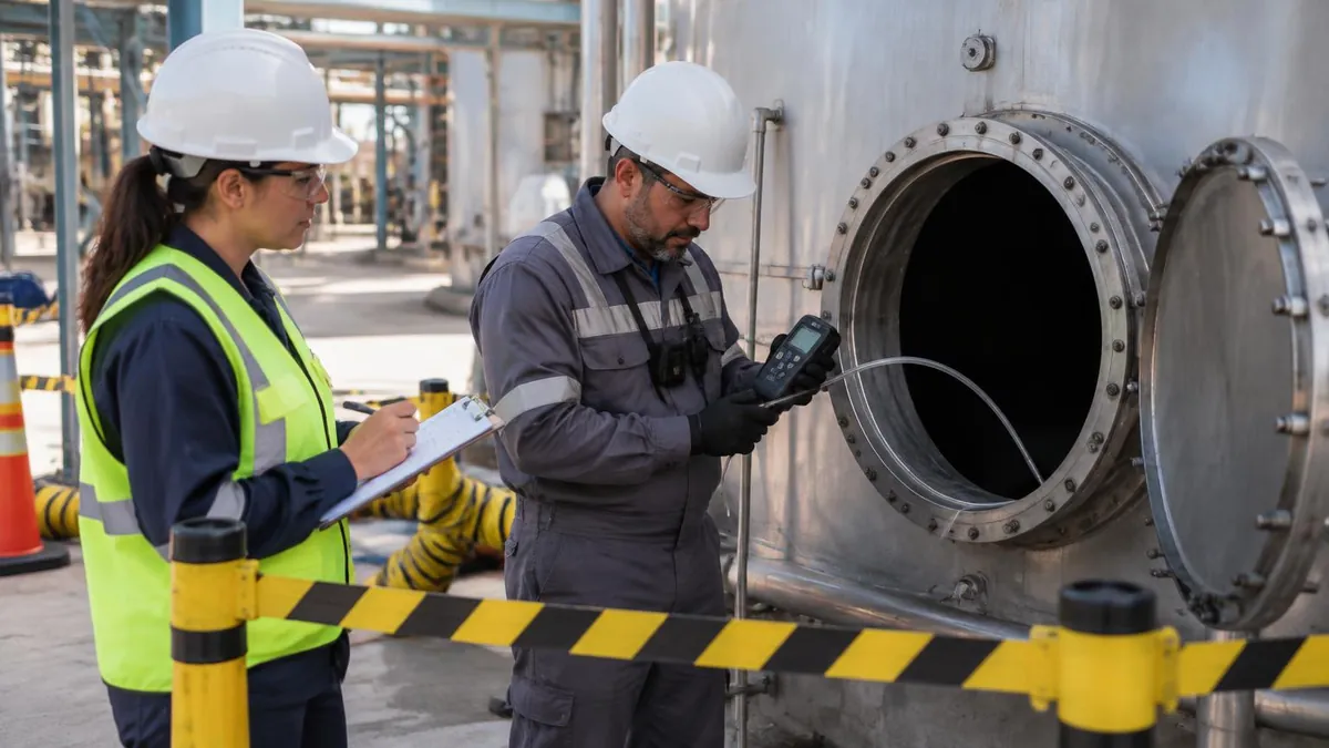 Profissionais de segurança fora de um reservatório industrial, com detector de gases junto ao acesso sinalizado