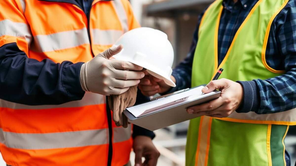Técnico de segurança do trabalho entregando capacete branco e luvas para colaborador e registrando a entrega em prancheta com ficha de EPI