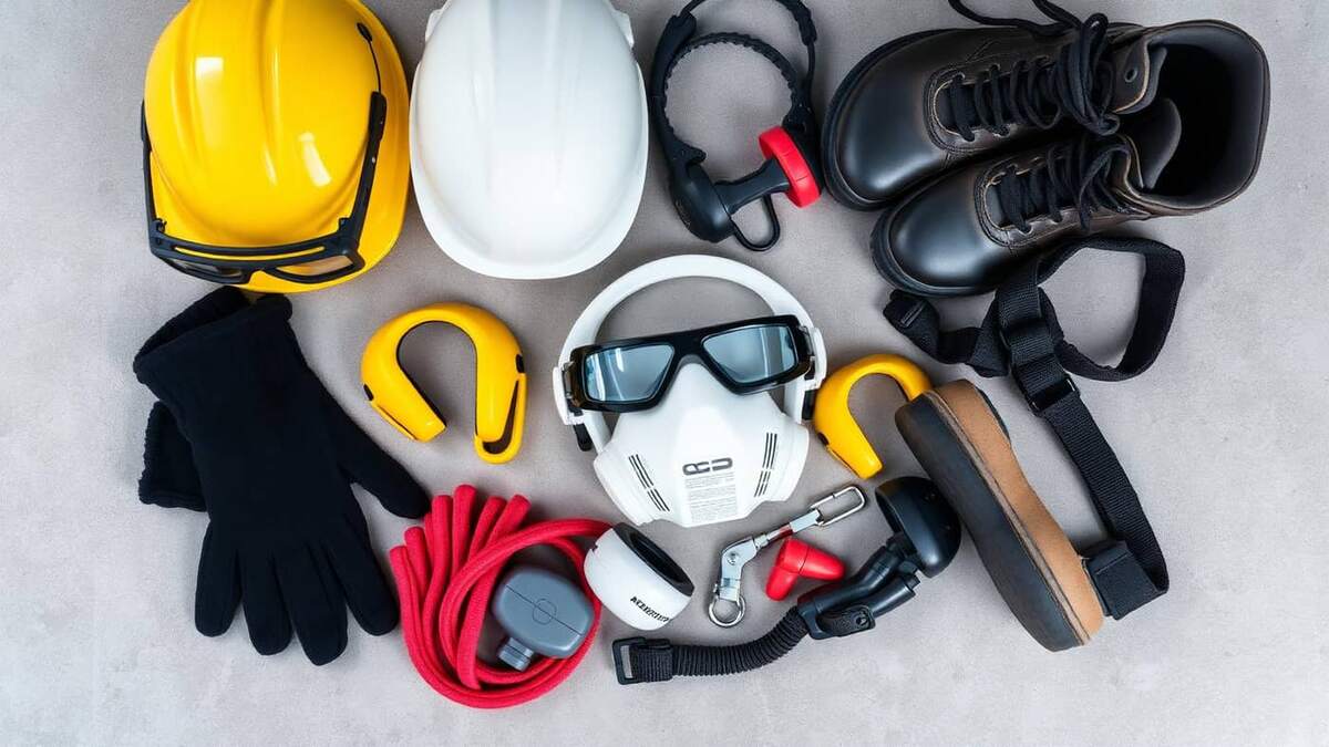 Conjunto de Equipamentos de Proteção Individual (EPIs) organizados sobre superfície de concreto: capacete, óculos, protetor auricular, luvas, máscara respiratória e botina de segurança