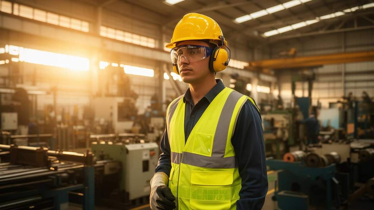 Trabalhador industrial usando capacete amarelo, óculos de proteção, abafador auricular, luvas e colete refletivo em fábrica moderna, representando a NR 6 e o uso de EPIs