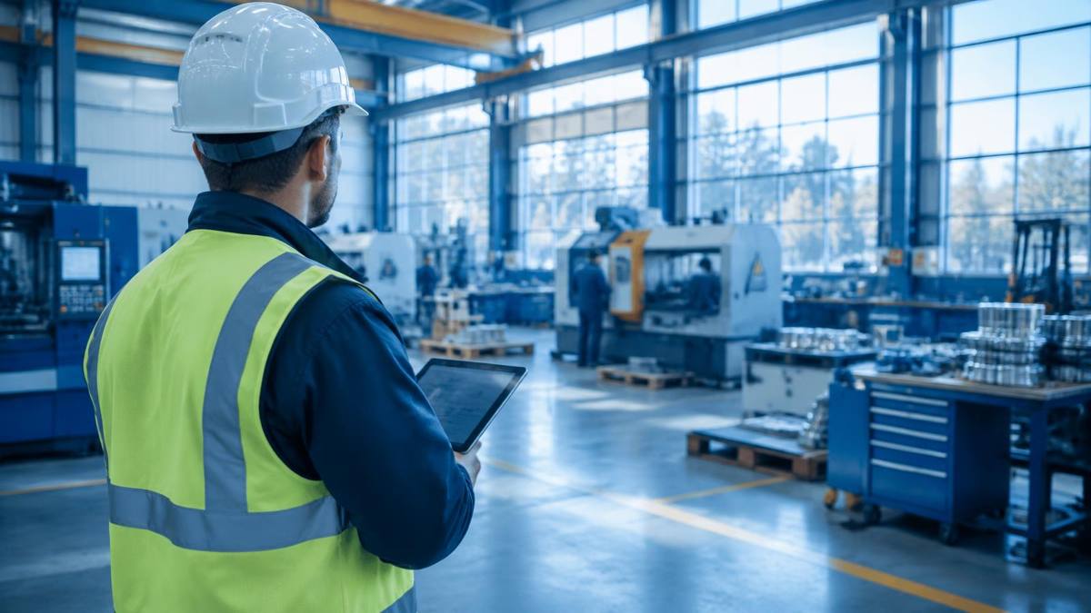 Engenheiro de segurança com capacete e colete refletivo avaliando riscos em um galpão industrial com tablet