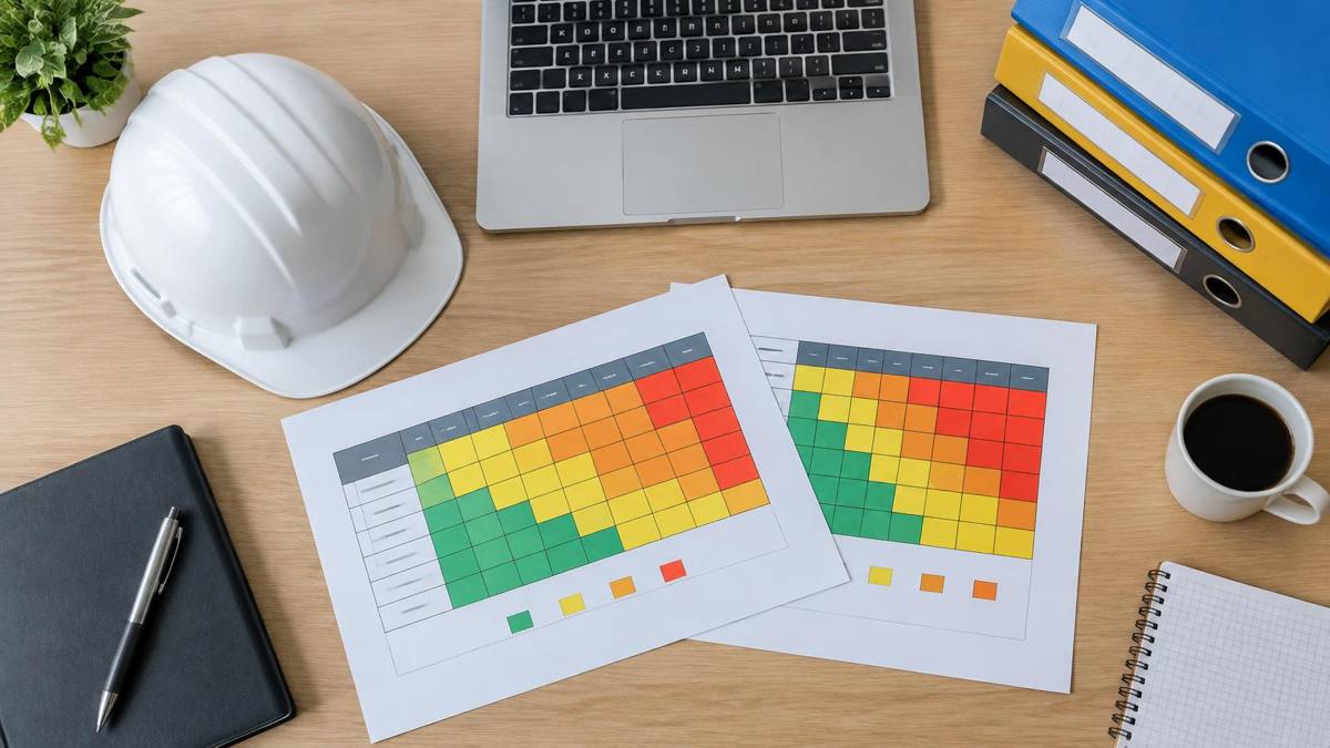 Mesa com matrizes de risco coloridas impressas, capacete branco, notebook e pastas de documentos de segurança