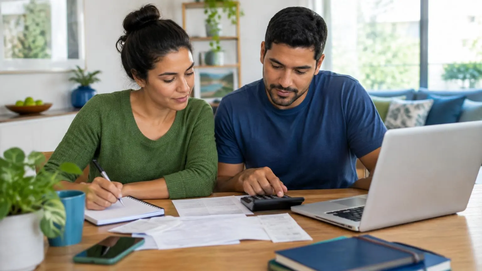 Casal revisando o orçamento familiar com notebook e caderno