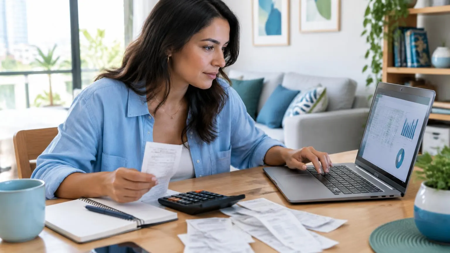 Mulher conferindo despesas pessoais com planilha no notebook, recibos e calculadora