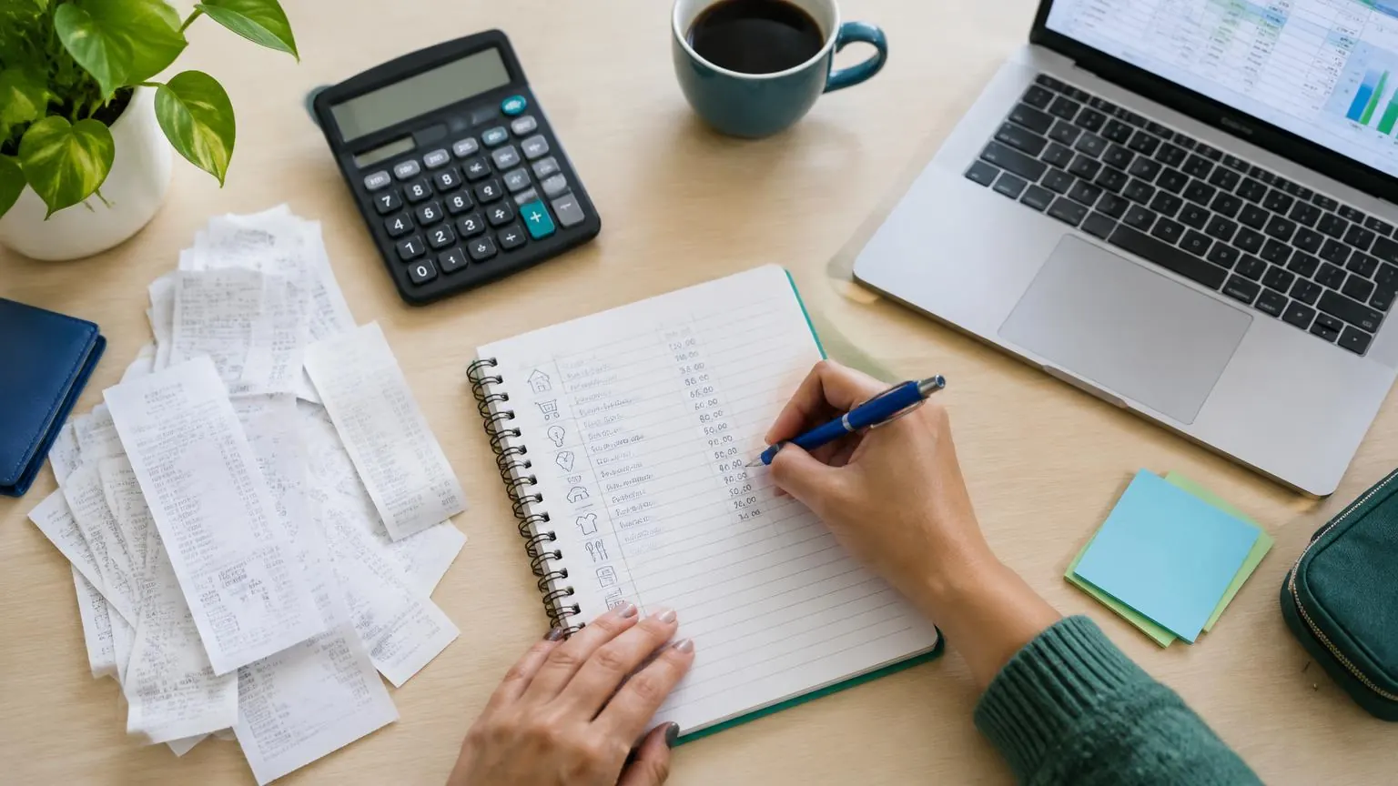 Conferência de despesas com recibos, caderno, calculadora e planilha