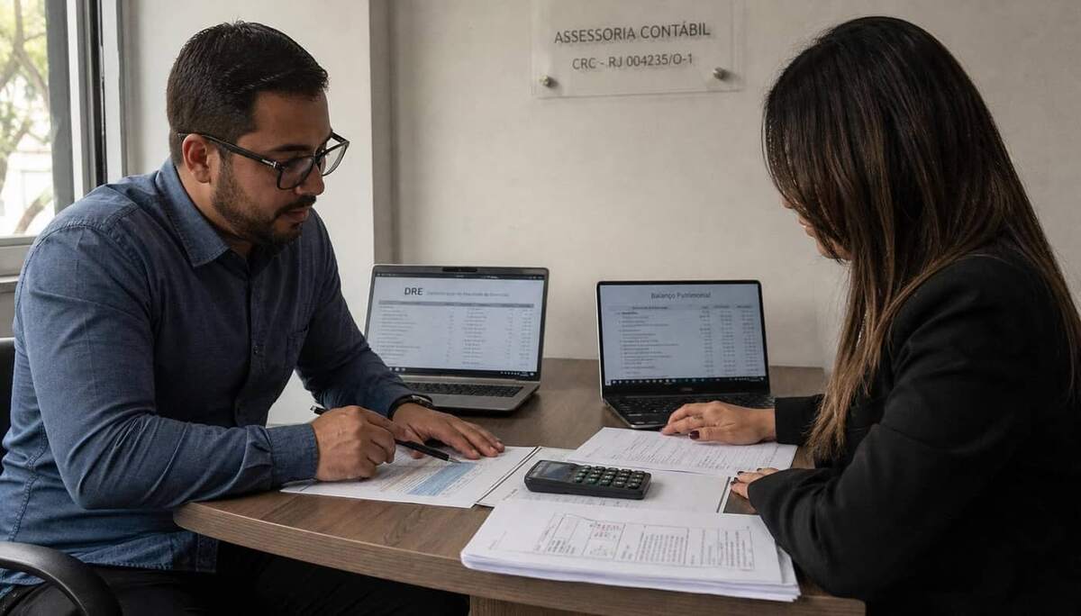 Sócio administrador e contador revisando cálculo de pró-labore e documentos da empresa