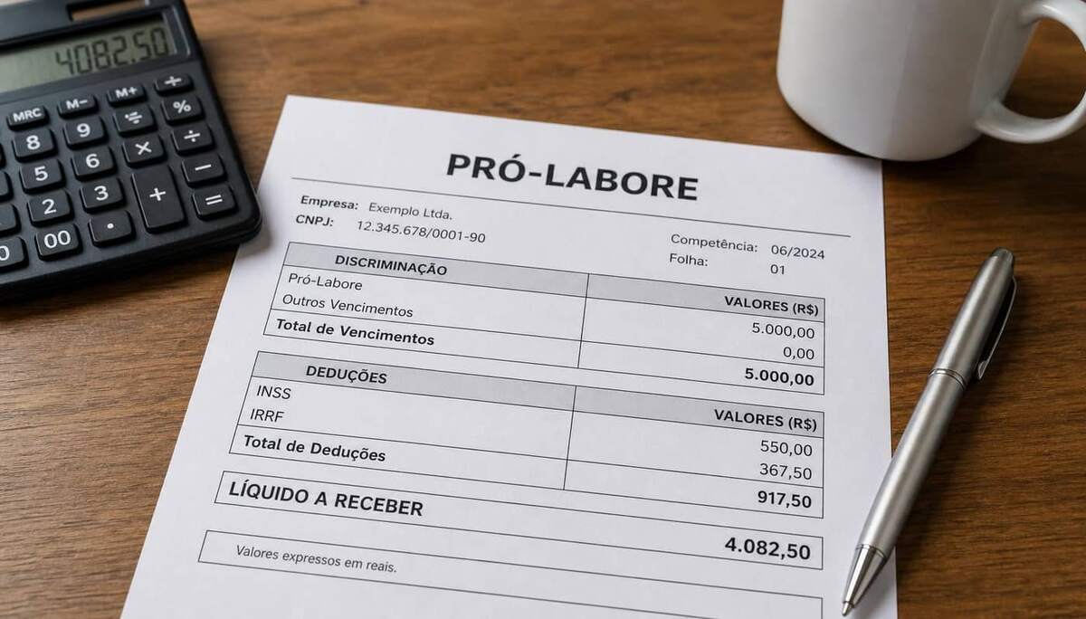 Holerite de pró-labore sobre a mesa com calculadora e caneta mostrando vencimentos, INSS e IRRF