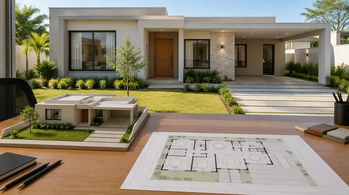 Casa térrea contemporânea com maquete e planta baixa em uma mesa de arquitetura