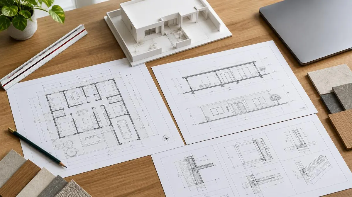 Planta baixa, corte, fachada e detalhes dispostos ao lado de uma maquete residencial