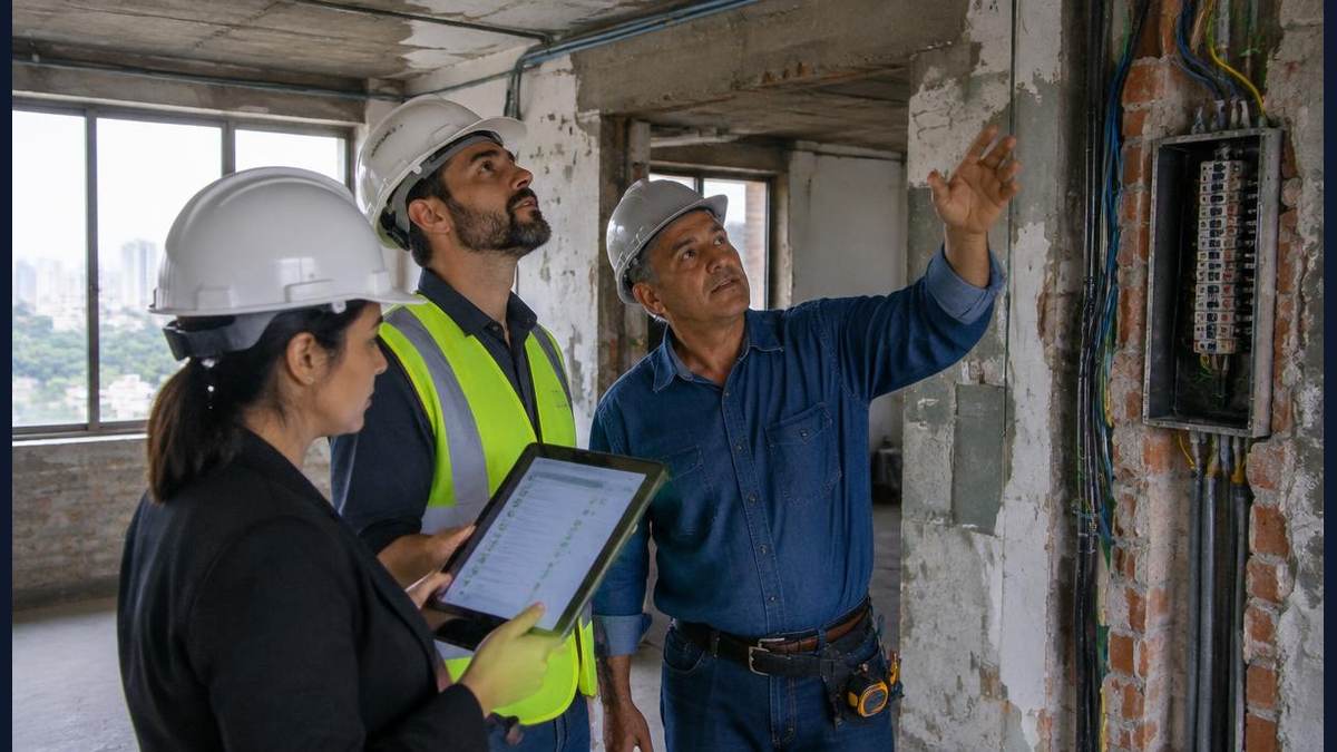 Equipe técnica avaliando instalações antigas, estrutura e documentação durante diagnóstico de retrofit predial