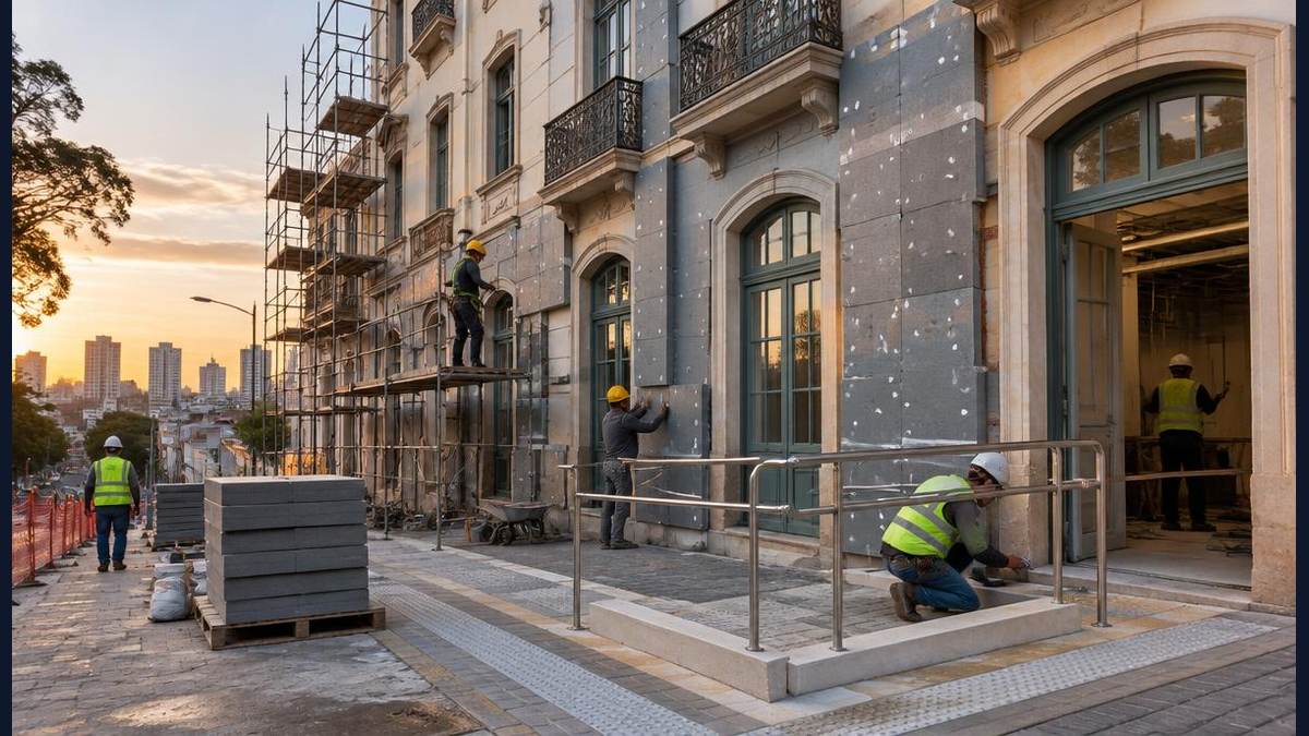 Obra de retrofit predial com fachada preservada, andaimes, acessibilidade e equipes com equipamentos de proteção