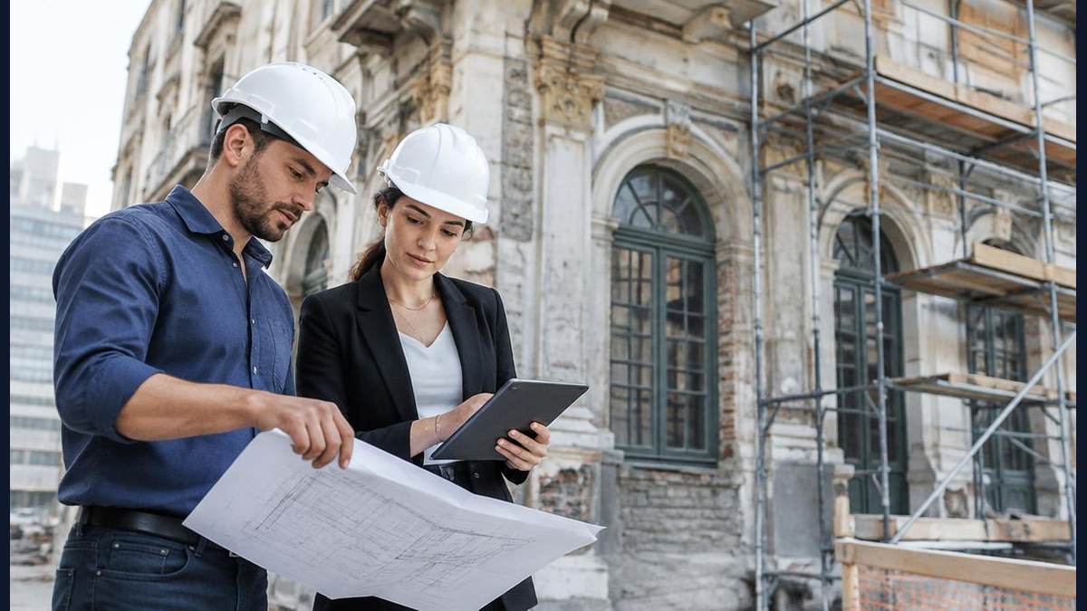 Engenheiro civil e arquiteta analisando projeto de retrofit diante de fachada antiga em modernização