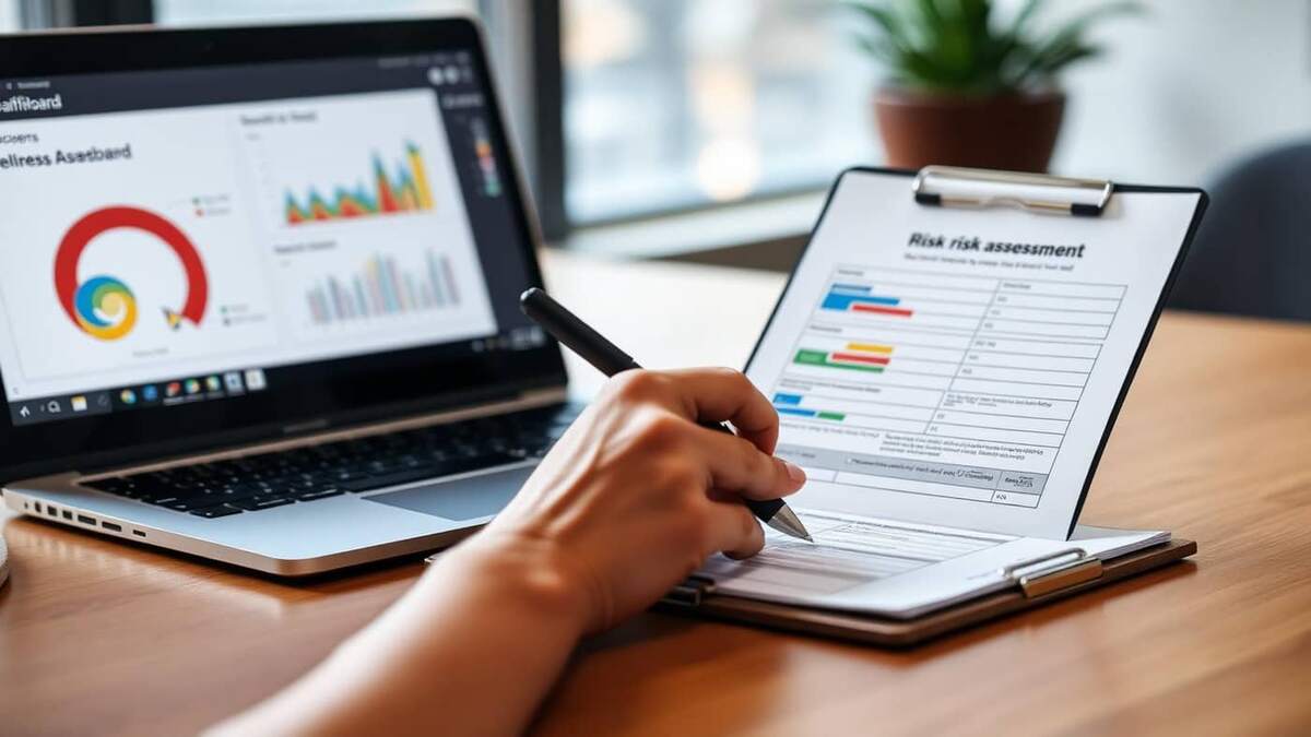 Mãos preenchendo formulário de avaliação de riscos ao lado de notebook exibindo painel de indicadores