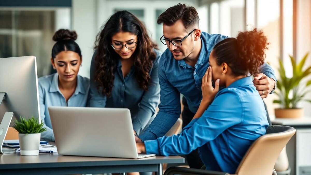 Equipe diversa em escritório moderno com colega apoiando colaboradora em momento de estresse, representando riscos psicossociais no trabalho