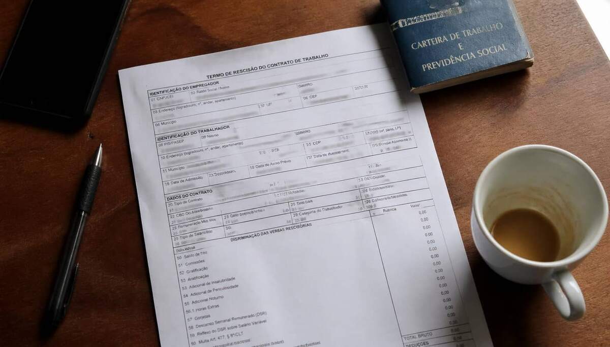 Trabalhador conferindo TRCT e documentos de rescisão sobre a mesa com calculadora e smartphone
