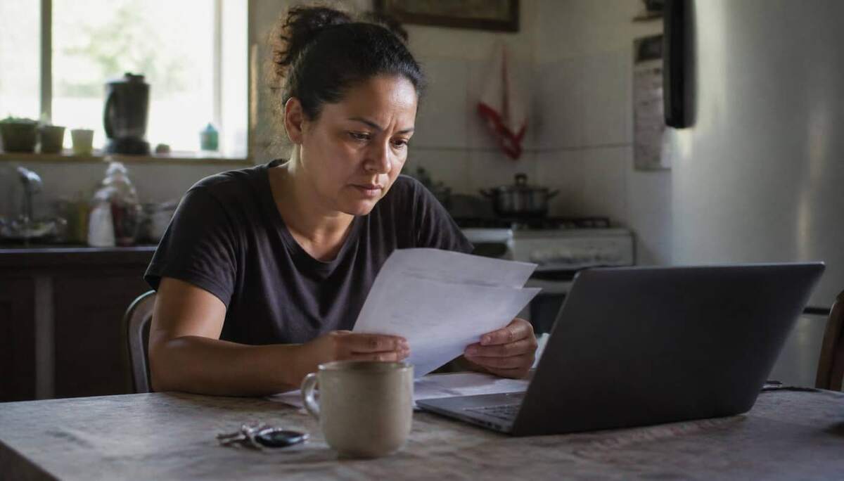 Trabalhador brasileiro em casa acessando portal do governo no notebook e Carteira de Trabalho Digital no celular para solicitar seguro desemprego