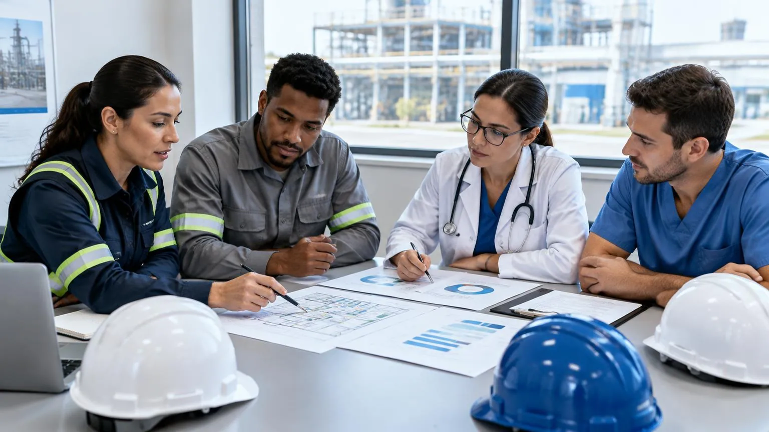 Equipe de segurança e saúde ocupacional analisando documentos de prevenção em uma sala de indústria