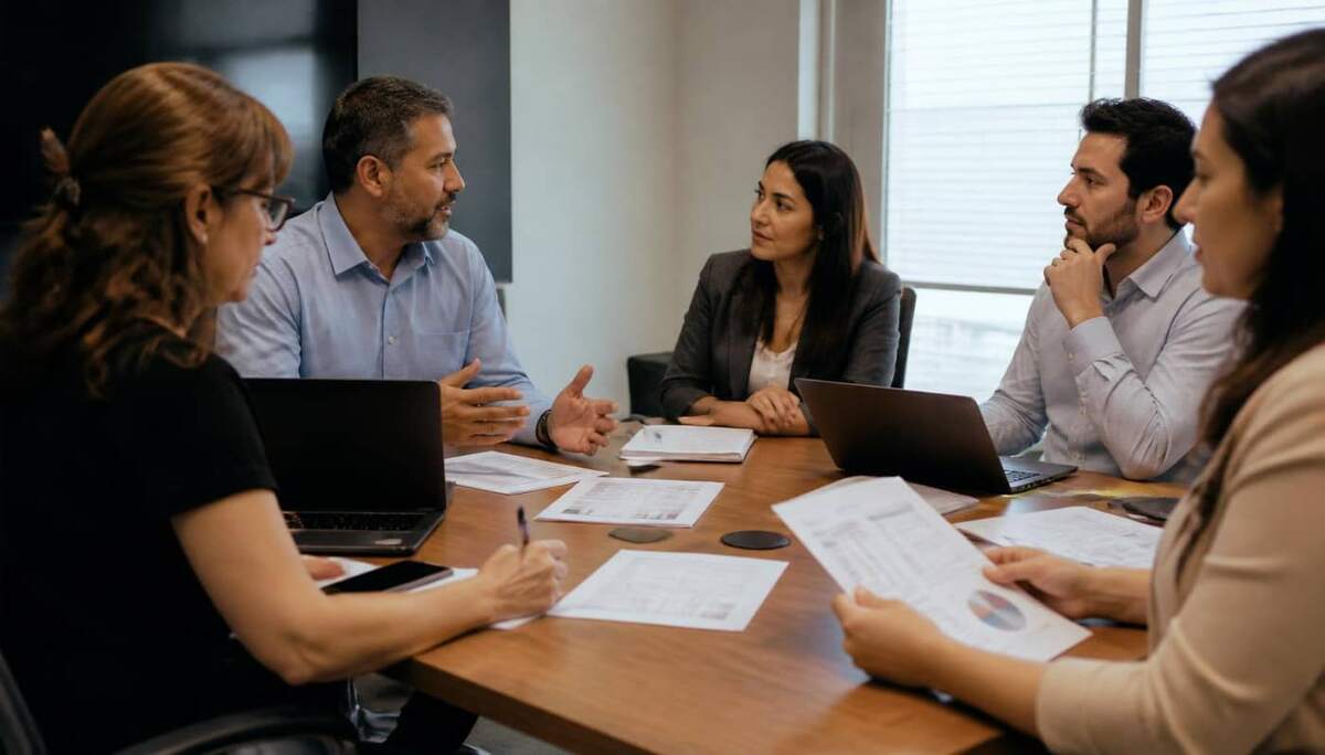 Equipe de profissionais brasileiros em reunião de auditoria interna com relatórios impressos e notebooks sobre mesa de madeira