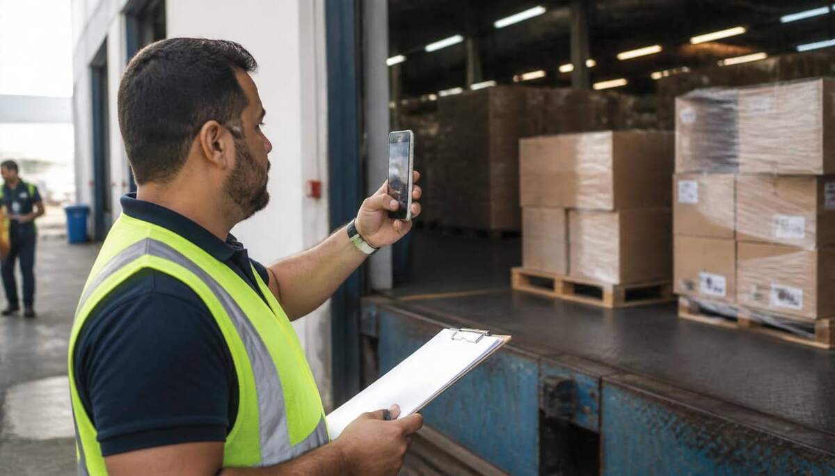 Supervisor brasileiro fotografando pallets de recebimento com smartphone e prancheta em plataforma de carga de armazém