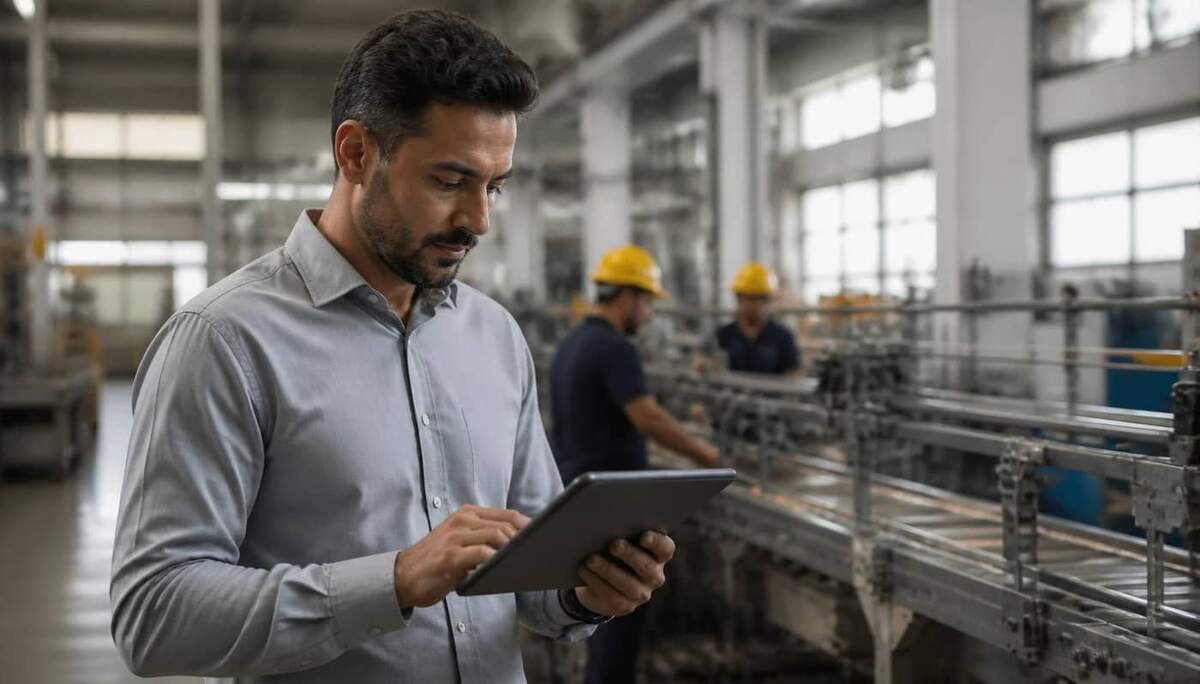 Gestor de qualidade brasileiro em fábrica moderna revisando checklist em tablet ao lado de linha de produção com operadores ao fundo