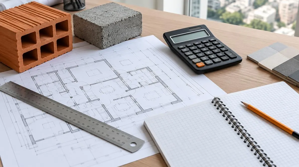 Planta de construção, calculadora e amostras de materiais para análise de custos