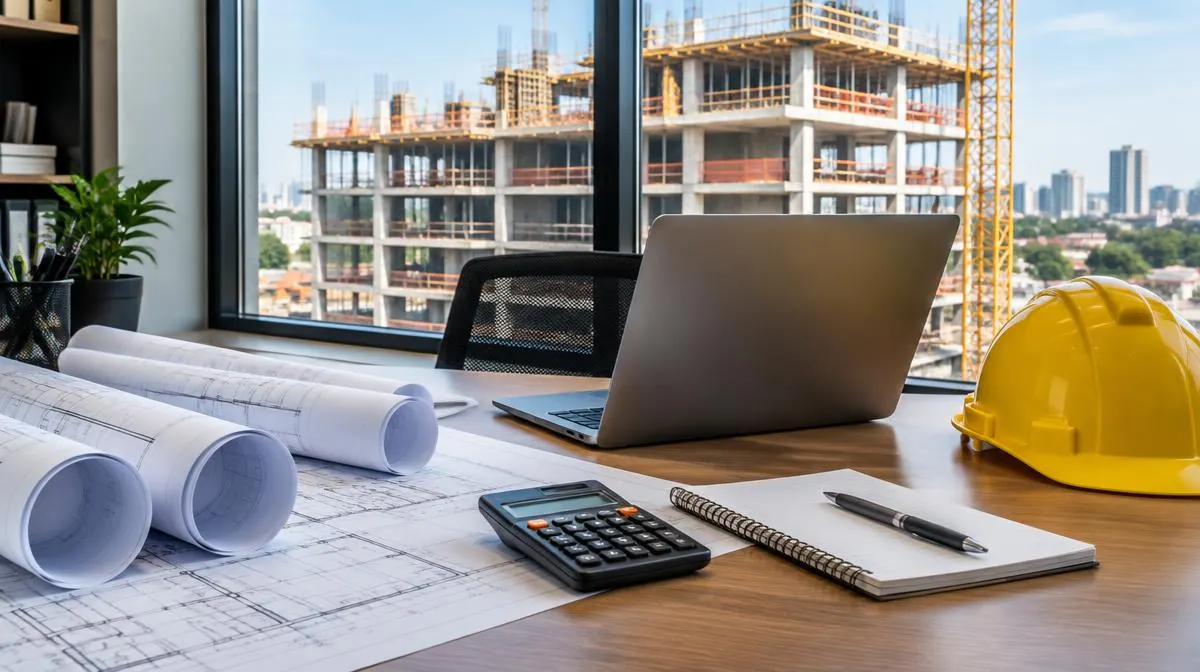 Mesa de orçamento com plantas, calculadora e capacete diante de uma construção