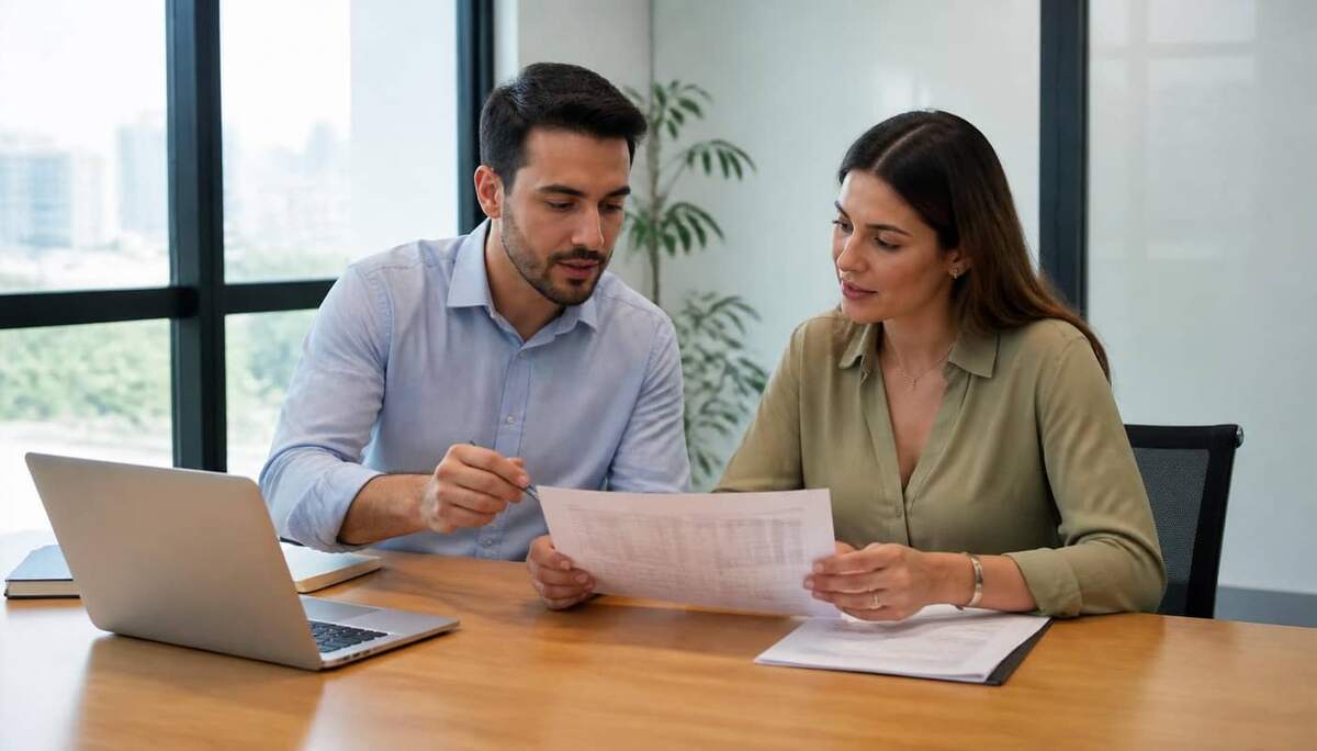 Dois profissionais de RH analisando documentos em sala de reunião moderna, com notebook e luz natural