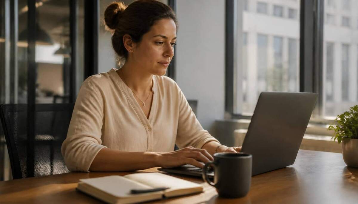 Analista de RH brasileira trabalhando em laptop com painel de colaboradores em escritório iluminado por janela, com plantas e caneca sobre a mesa