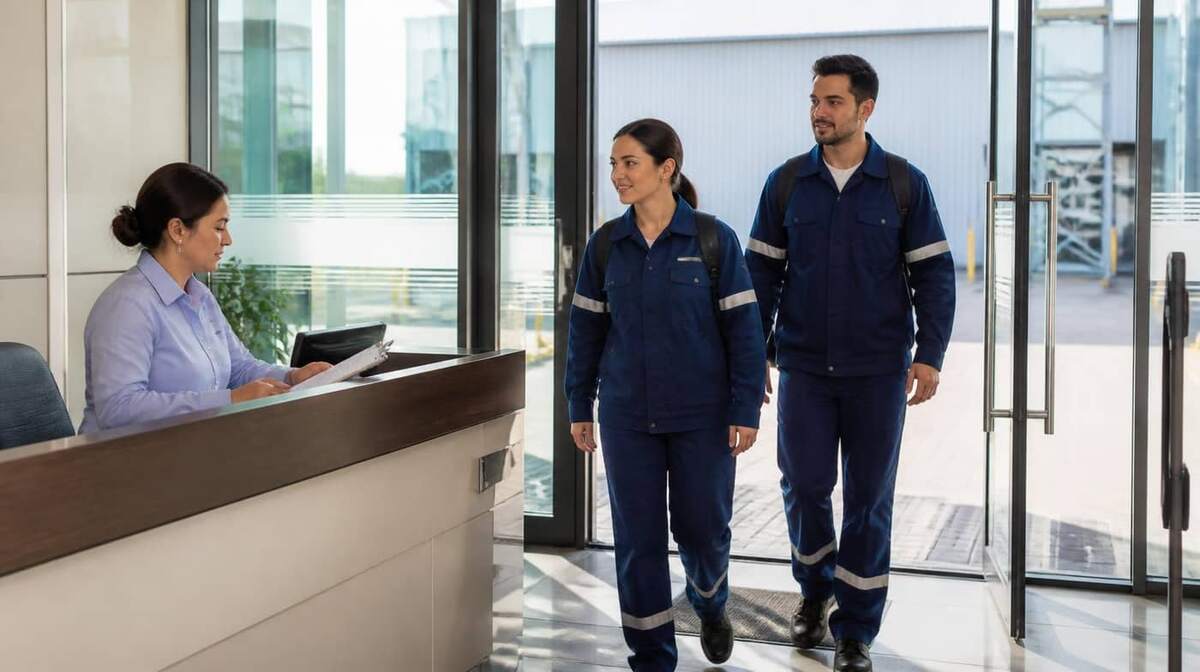 Dois trabalhadores terceirizados uniformizados entrando em portaria de unidade industrial enquanto recepcionista confere documentos